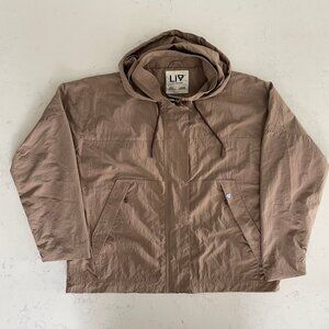 LIV Outdoor Full Zip/Snap Lightweight Hooded Windbreaker Nylon Jacket Tan Sz L
